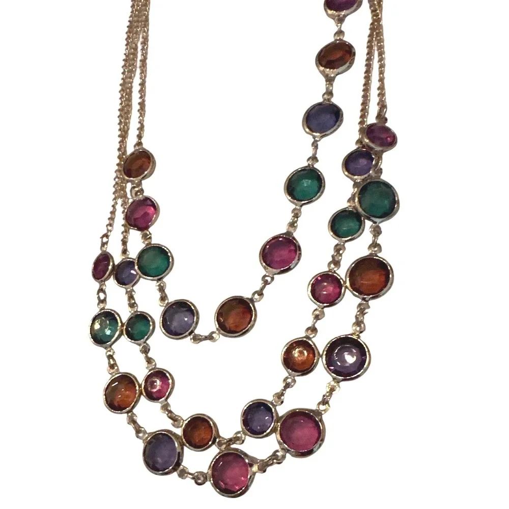 Multicolor Gemstone Statement Necklace & Earrings Set Jewel Tone Bib Necklace